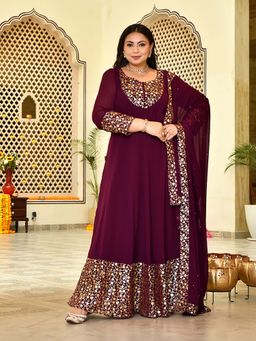 Desi Noor - Wine Floral Georgette Anarkali Kurta with Dupatta