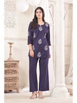 Anaita - Navy Blue Embroidered Cotton Blend Co-Ord Set