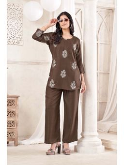 Anaita - Brown Embroidered Cotton Blend Co-Ord Set