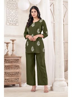 Anaita - Green Embroidered Cotton Blend Co-Ord Set