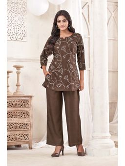 Anaita - Brown Embroidered Cotton Blend Co-Ord Set