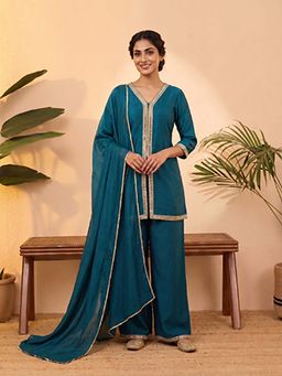 Anaita - Teal Embroidered Silk Co-Ord Set