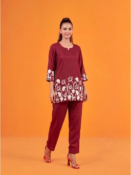 Anaita - Maroon Floral Cotton Blend Co-Ord Set