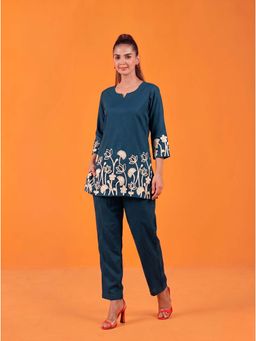 Anaita - Teal Floral Cotton Blend Co-Ord Set