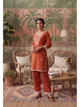 Anaita - Orange Embroidered Cotton Blend Co-Ord Set