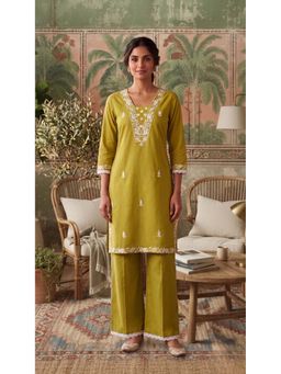 Anaita - Yellow Embroidered Cotton Blend Co-Ord Set