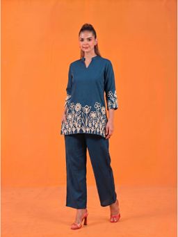 Anaita - Teal Floral Cotton Blend Co-Ord Set
