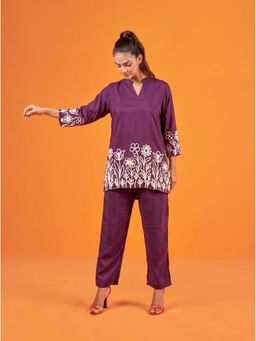 Anaita - Purple Floral Cotton Blend Co-Ord Set