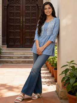 Rangita - Blue Floral Rayon Kurti