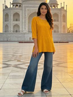 Rangita - Yellow Embroidered Rayon Kurti