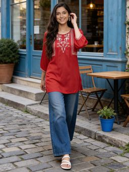 Rangita - Red Floral Rayon Kurti
