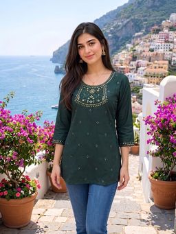 Rangita - Teal Embellished Rayon Kurti