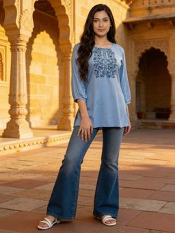 Rangita - Blue Embroidered Rayon Kurti