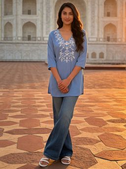Rangita - Blue Embroidered Rayon Kurti
