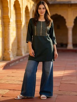 Rangita - Teal Embroidered Rayon Kurti