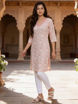 Rangita - Peach Printed Rayon Kurta