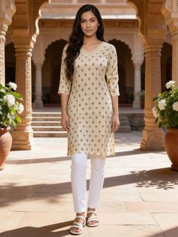 Rangita - Off White Printed Rayon Kurta