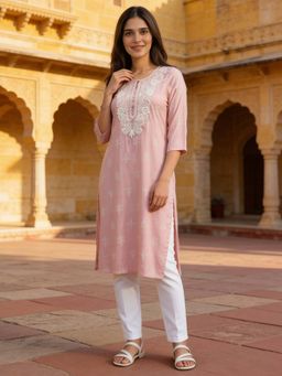 Rangita - Pink Embroidered Rayon Kurta