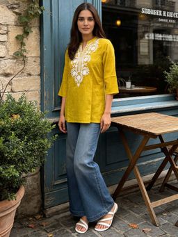 Rangita - Yellow Embroidered Cotton Slub Kurti