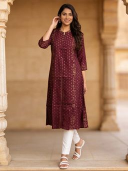 Rangita - Wine Printed Polyviscose Kurta