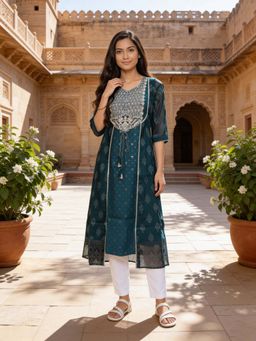 Rangita - Teal Embroidered Polyviscose Kurta
