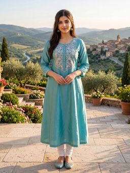 Rangita - Turquoise Embroidered Chanderi Kurta