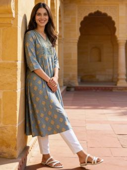 Rangita - Blue Embroidered Rayon Kurta