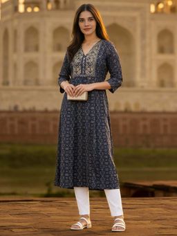 Rangita - Blue Embroidered Rayon Kurta