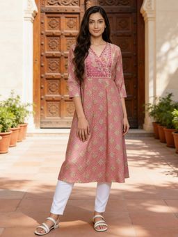 Rangita - Pink Embroidered Rayon Kurta