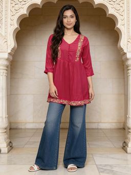 Rangita - Pink Embroidered Rayon Kurti