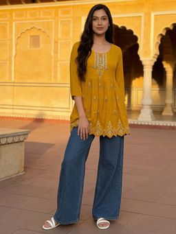 Rangita - Mustard Embroidered Rayon Kurti
