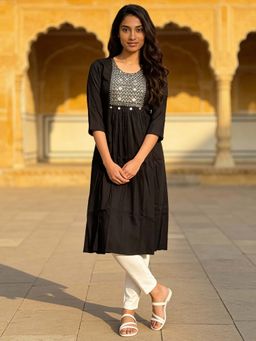 Rangita - Black Embroidered Rayon Kurta