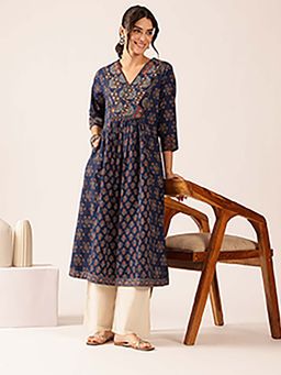 Vbuyz - Blue Floral Cotton Kurta
