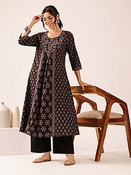 Vbuyz - Black Floral Cotton Kurta
