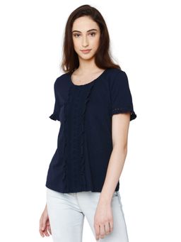 VERO MODA - Navy Blue Solid Short Sleeve Top