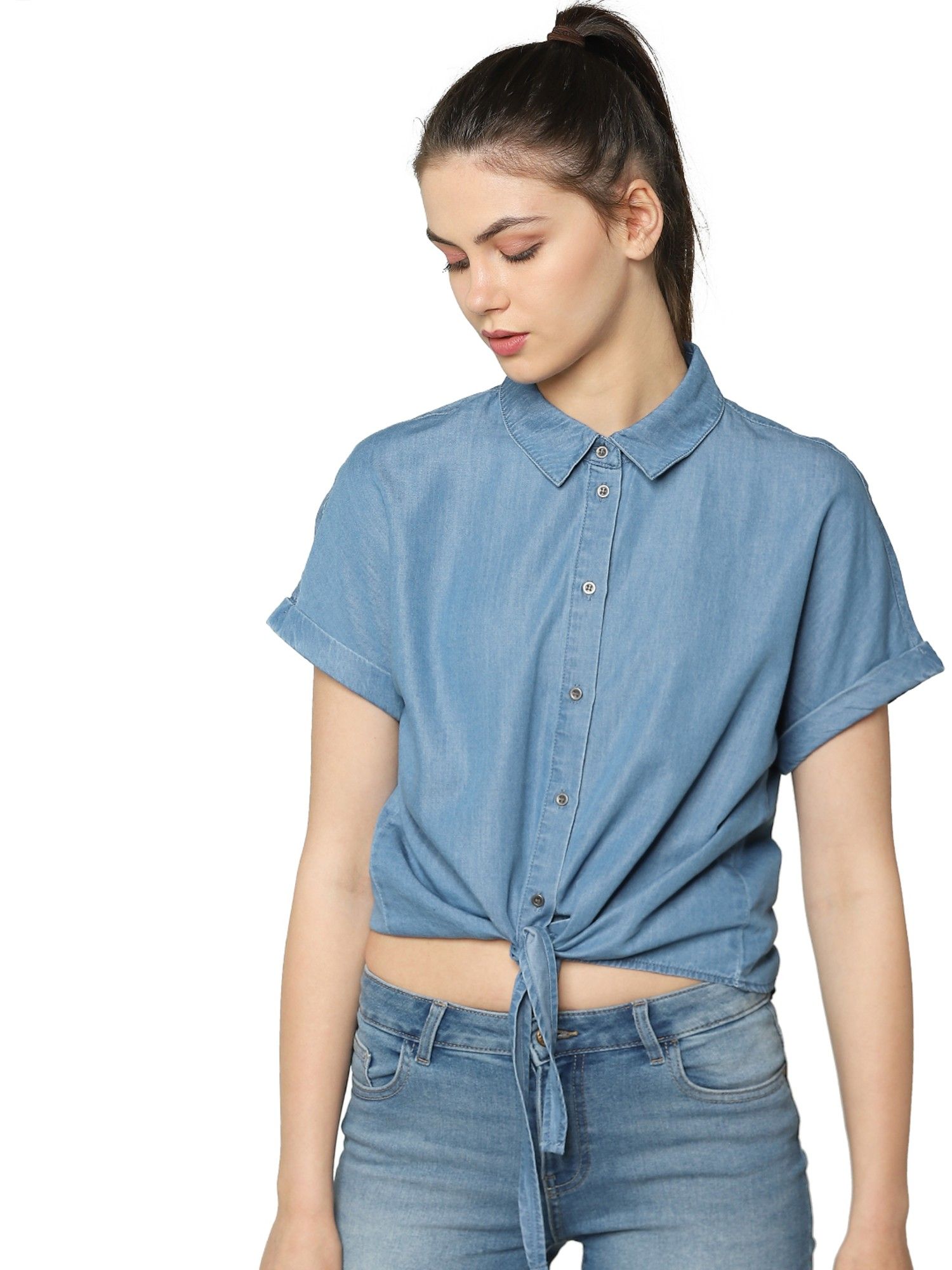 Buy ONLY Blue Front Knot Denim Shirt 