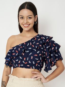 BRINNS - One Shoulder Ruffles Regular Crop Top Navy Blue