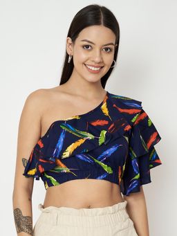 BRINNS - One Shoulder Ruffles Regular Crop Top Navy Blue
