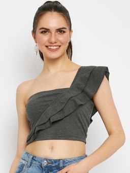 BRINNS - One Shoulder Ruffles Pure Cotton Crop Top Charcoal