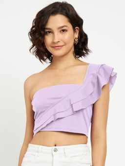 BRINNS - One Shoulder Ruffles Pure Cotton Crop Top Lavender