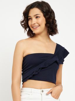 BRINNS - One Shoulder Ruffles Pure Cotton Crop Top Navy Blue