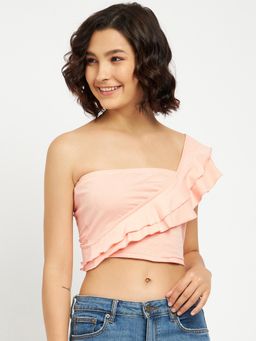 BRINNS - One Shoulder Ruffles Pure Cotton Crop Top Peach