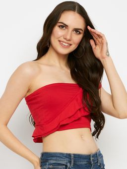 BRINNS - One Shoulder Ruffles Pure Cotton Crop Top Red