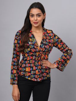 BRINNS - Waist Tie Ups Long Sleeves Top Multi-Color