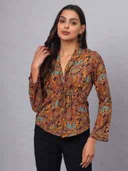 BRINNS - Waist Tie Ups Long Sleeves Top Multi-Color