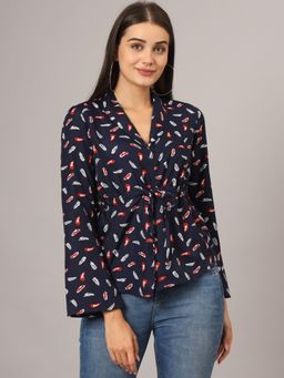 BRINNS - Waist Tie Ups Long Sleeves Top Navy Blue