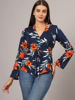 BRINNS - Waist Tie Ups Long Sleeves Top Navy Blue