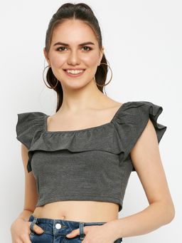 BRINNS - Square Neck Ruffles Pure Cotton Crop Top Charcoal