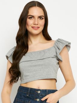 BRINNS - Square Neck Ruffles Pure Cotton Crop Top Grey