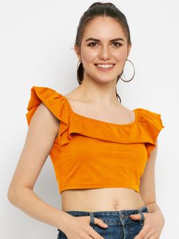 BRINNS - Square Neck Ruffles Pure Cotton Crop Top Orange